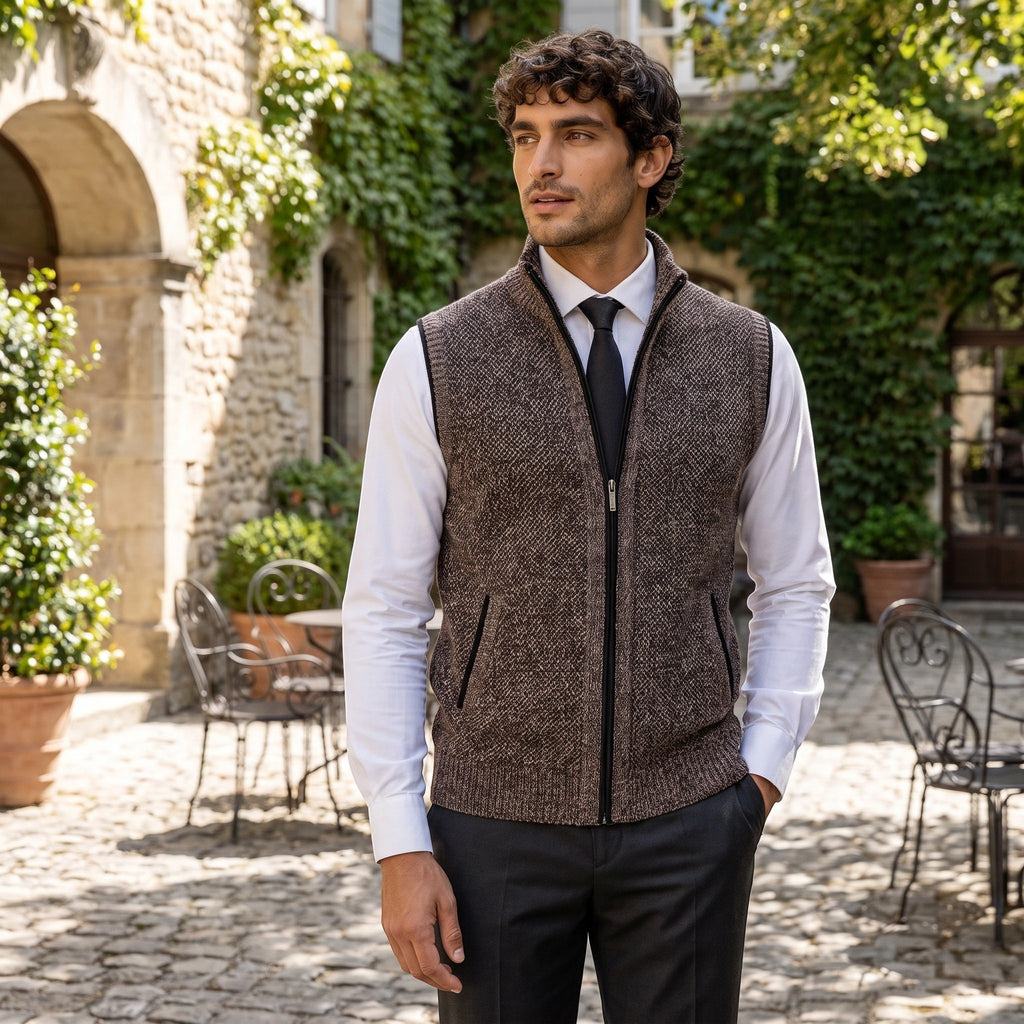 Men's Sweater Vest with Zip Front and Stand Collar