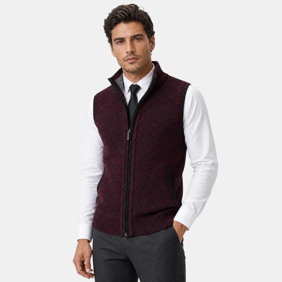 Men's Sweater Vest with Zip Front and Stand Collar