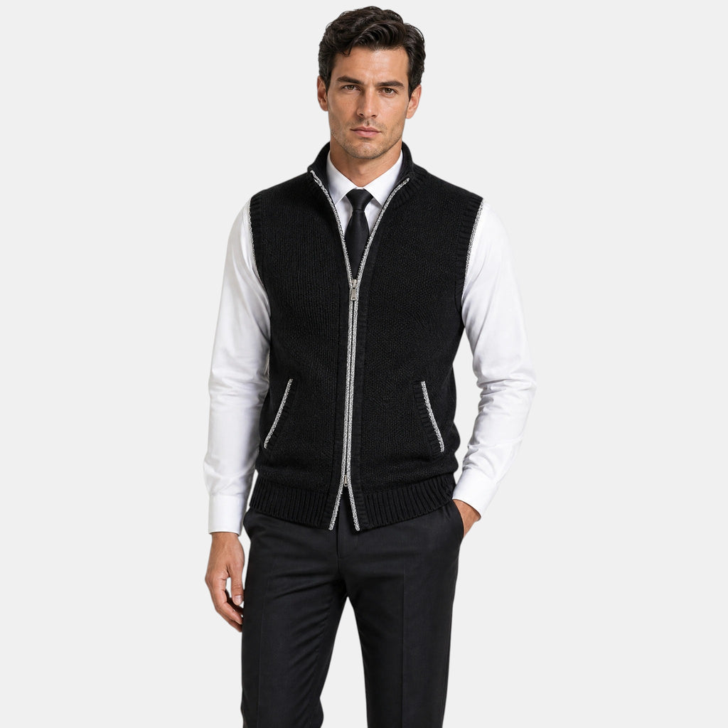 Men's Sweater Vest with Zip Front and Stand Collar