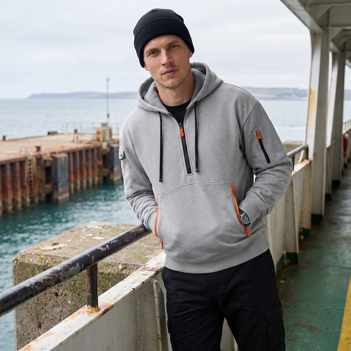 Men's Hoodie with Half Zip and Zip Front Pockets