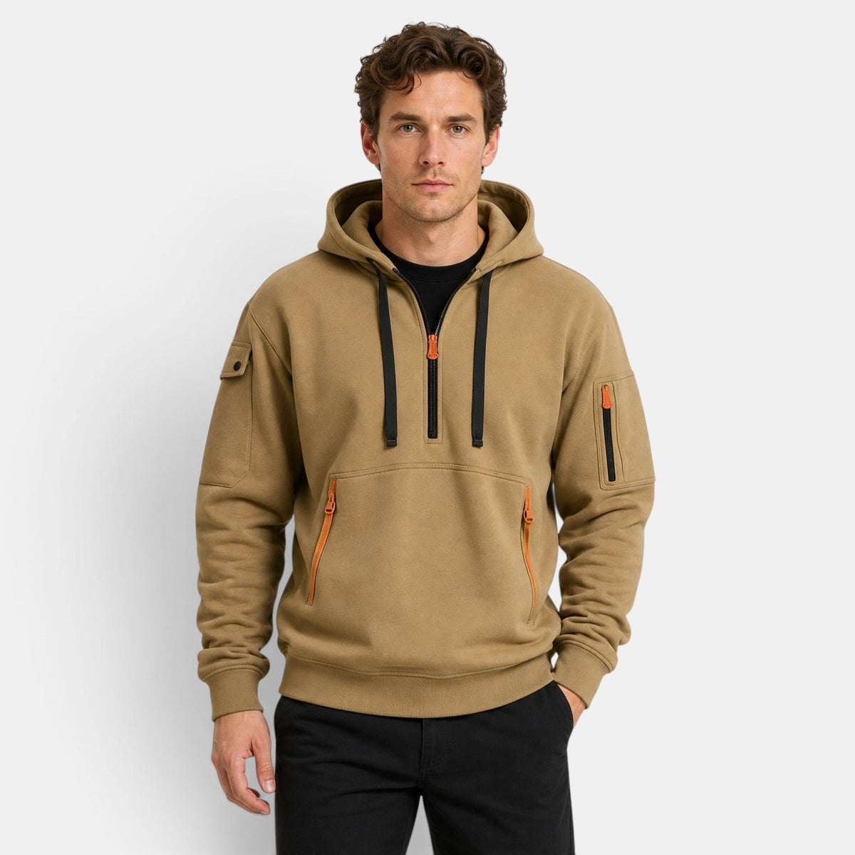 Men's Hoodie with Half Zip and Zip Front Pockets