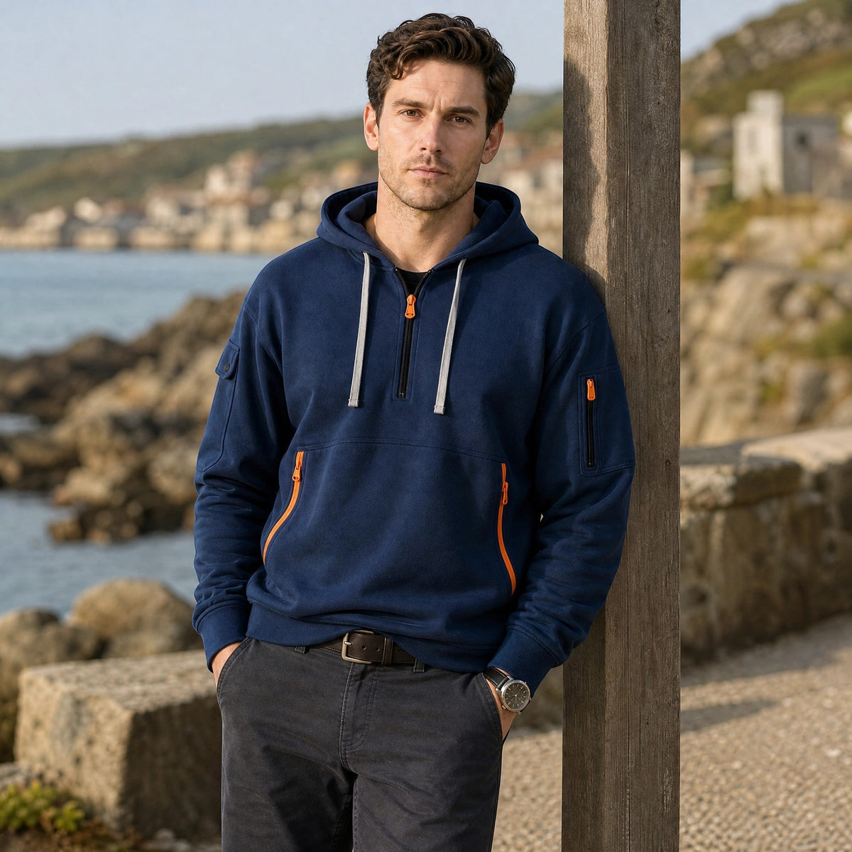 Men's Hoodie with Half Zip and Zip Front Pockets