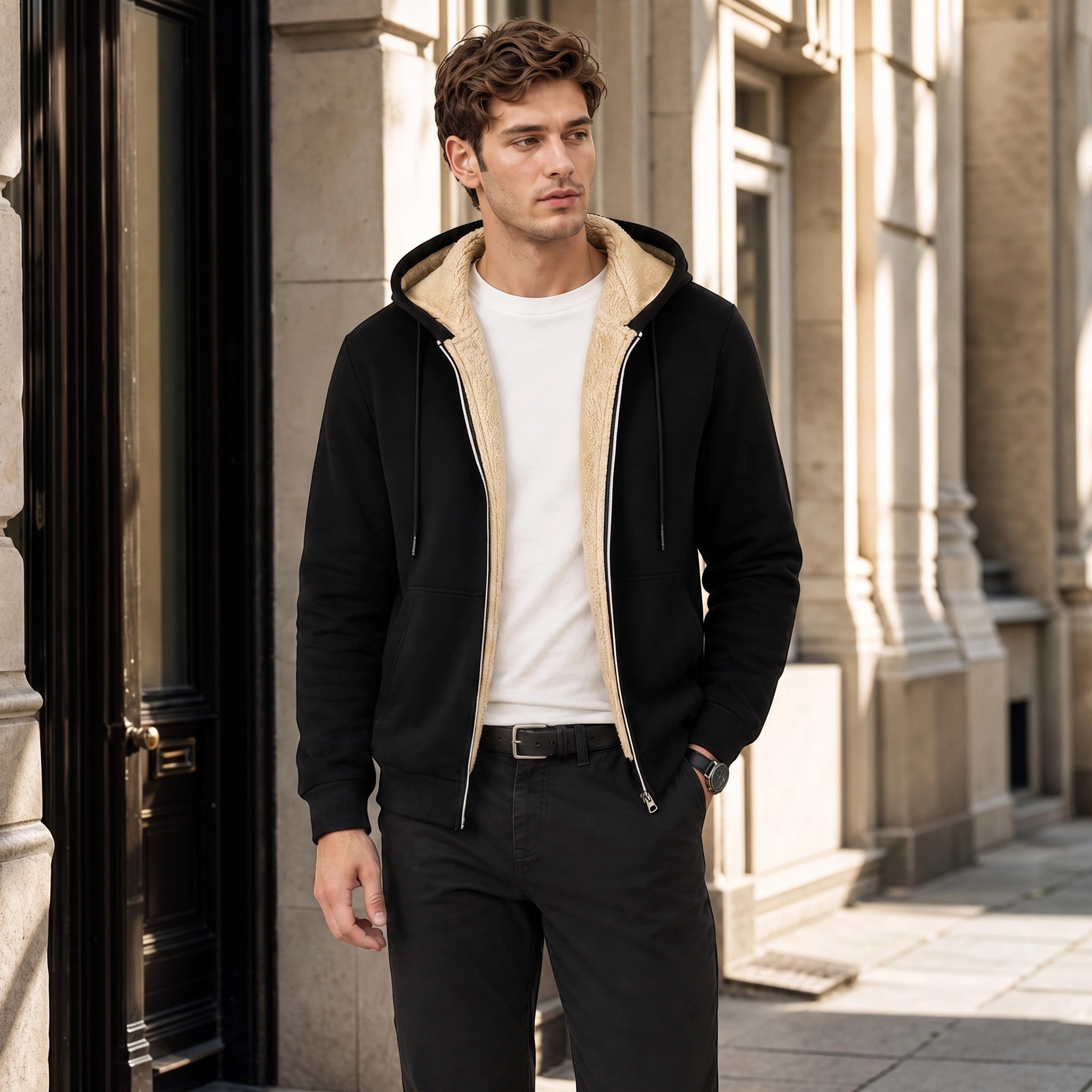 Men's Hooded Jacket with Full Zip and Front Pockets