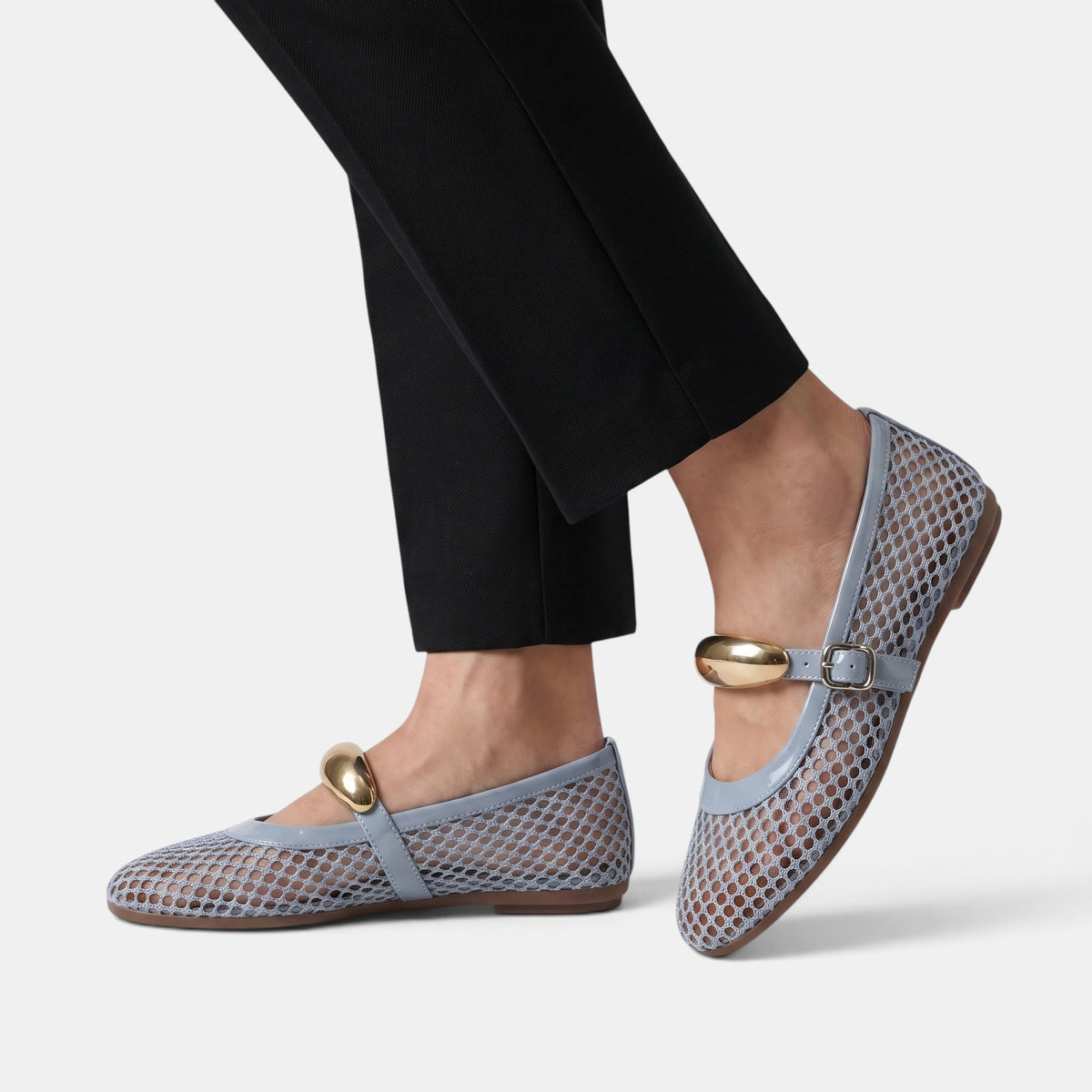 Women's Ballet Flats with Mary Jane Strap and Gold Buckle