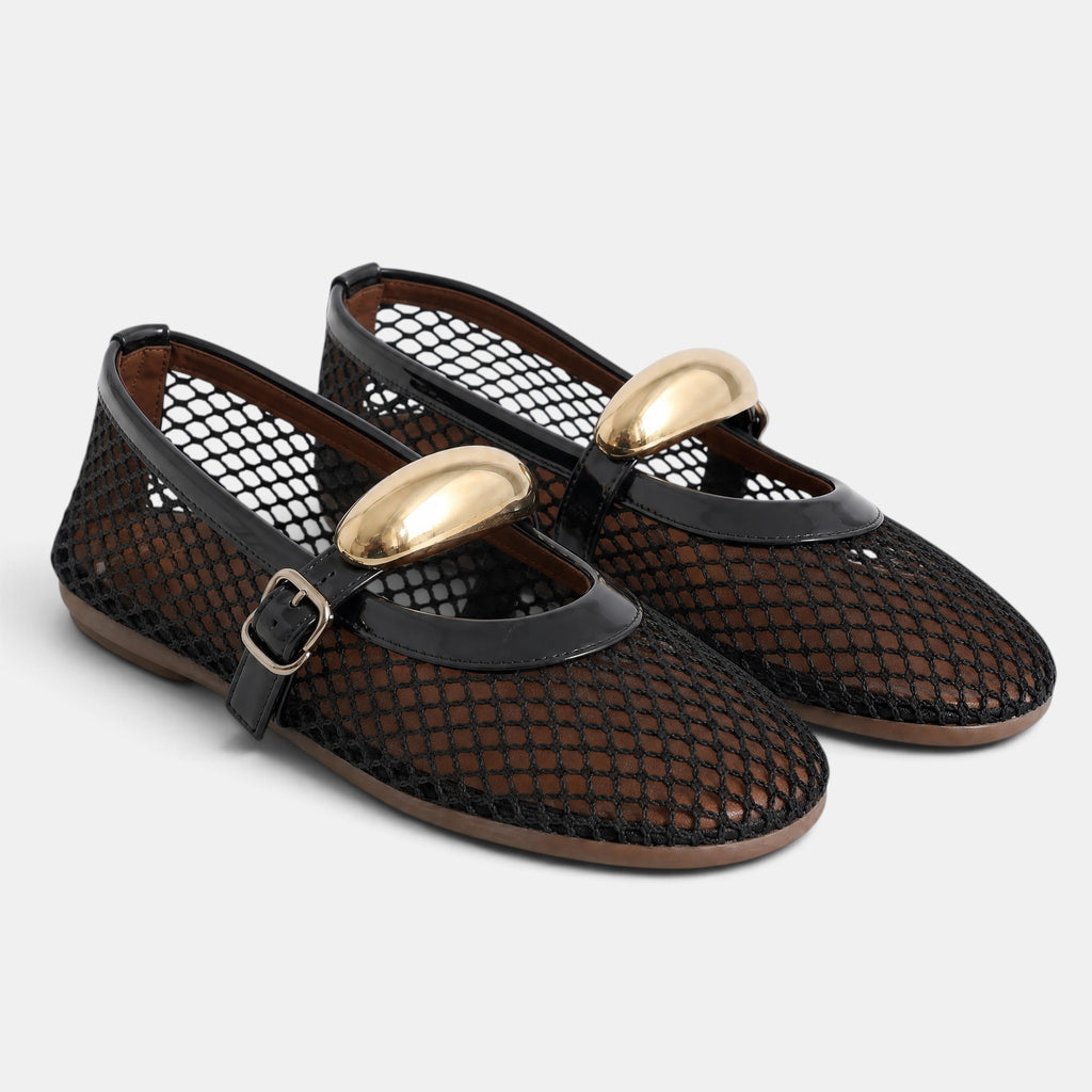 Women's Ballet Flats with Mary Jane Strap and Gold Buckle