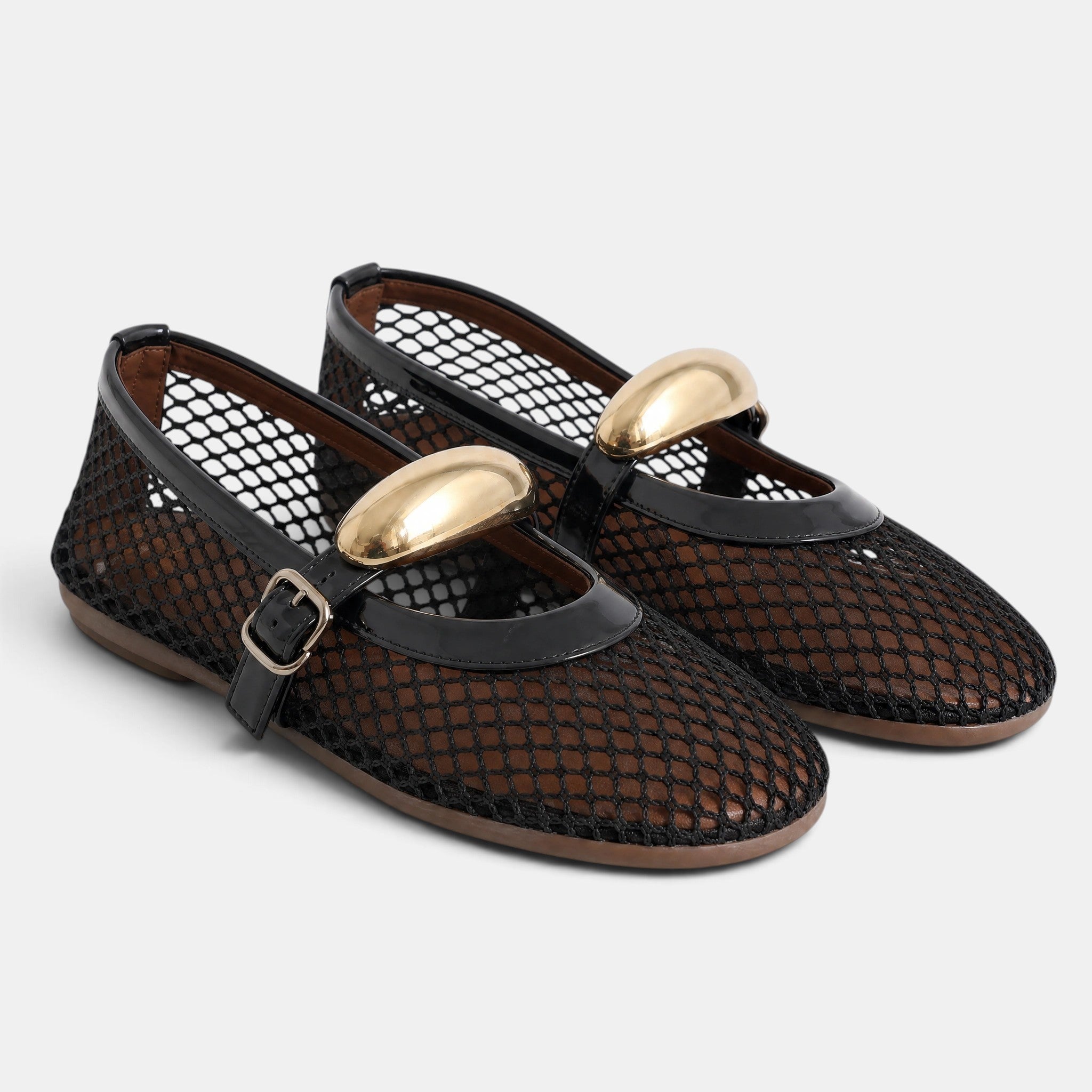 Women's Ballet Flats with Mary Jane Strap and Gold Buckle