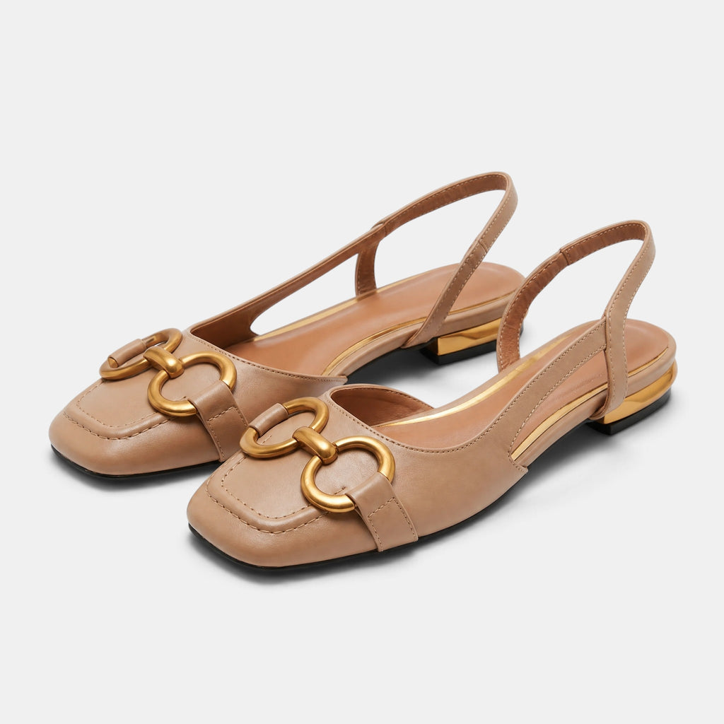 Women's Ballet Flats with Square Toe and Gold Buckle Slingback Strap