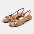 Women's Ballet Flats with Square Toe and Gold Buckle Slingback Strap