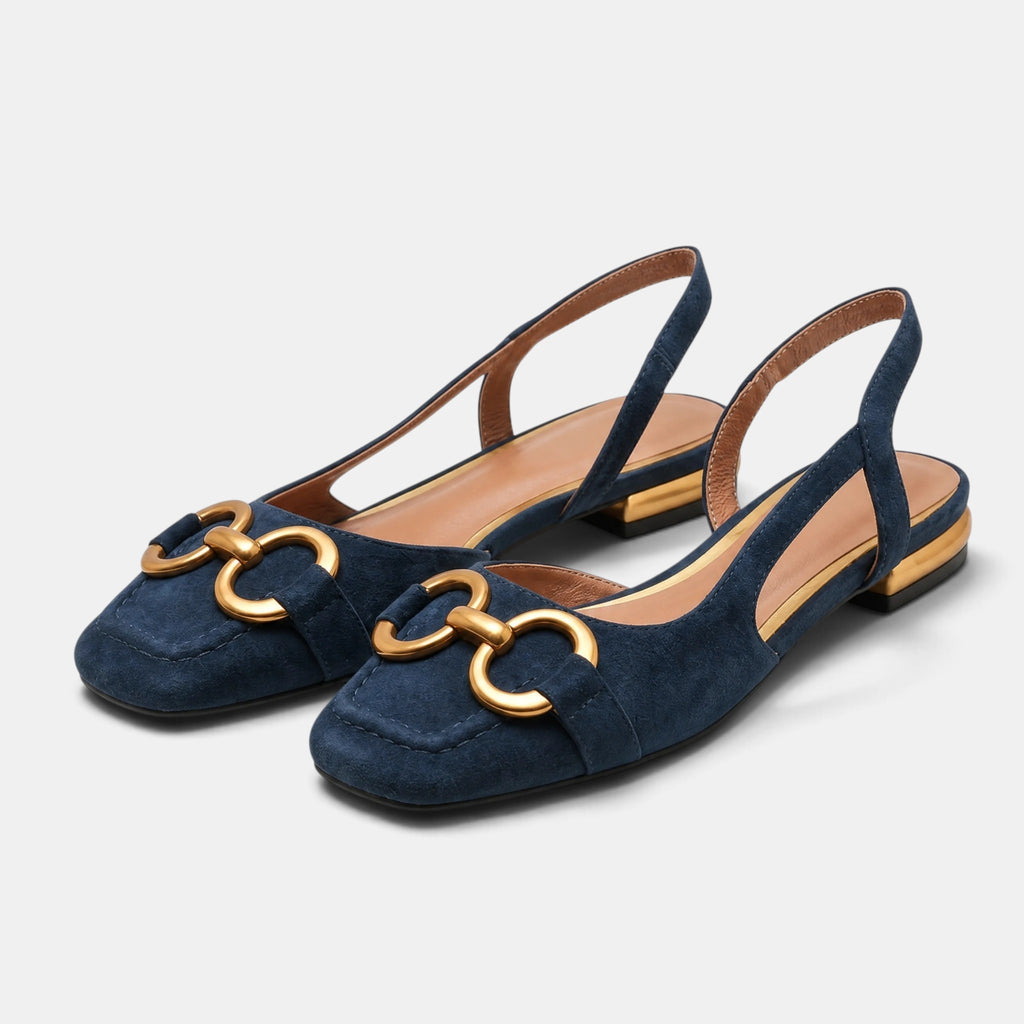 Women's Ballet Flats with Square Toe and Gold Buckle Slingback Strap