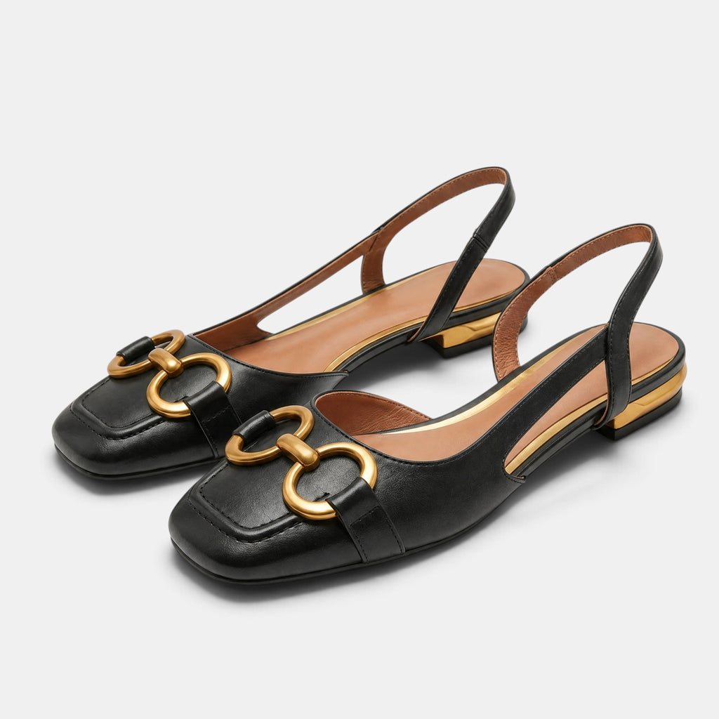Women's Ballet Flats with Square Toe and Gold Buckle Slingback Strap
