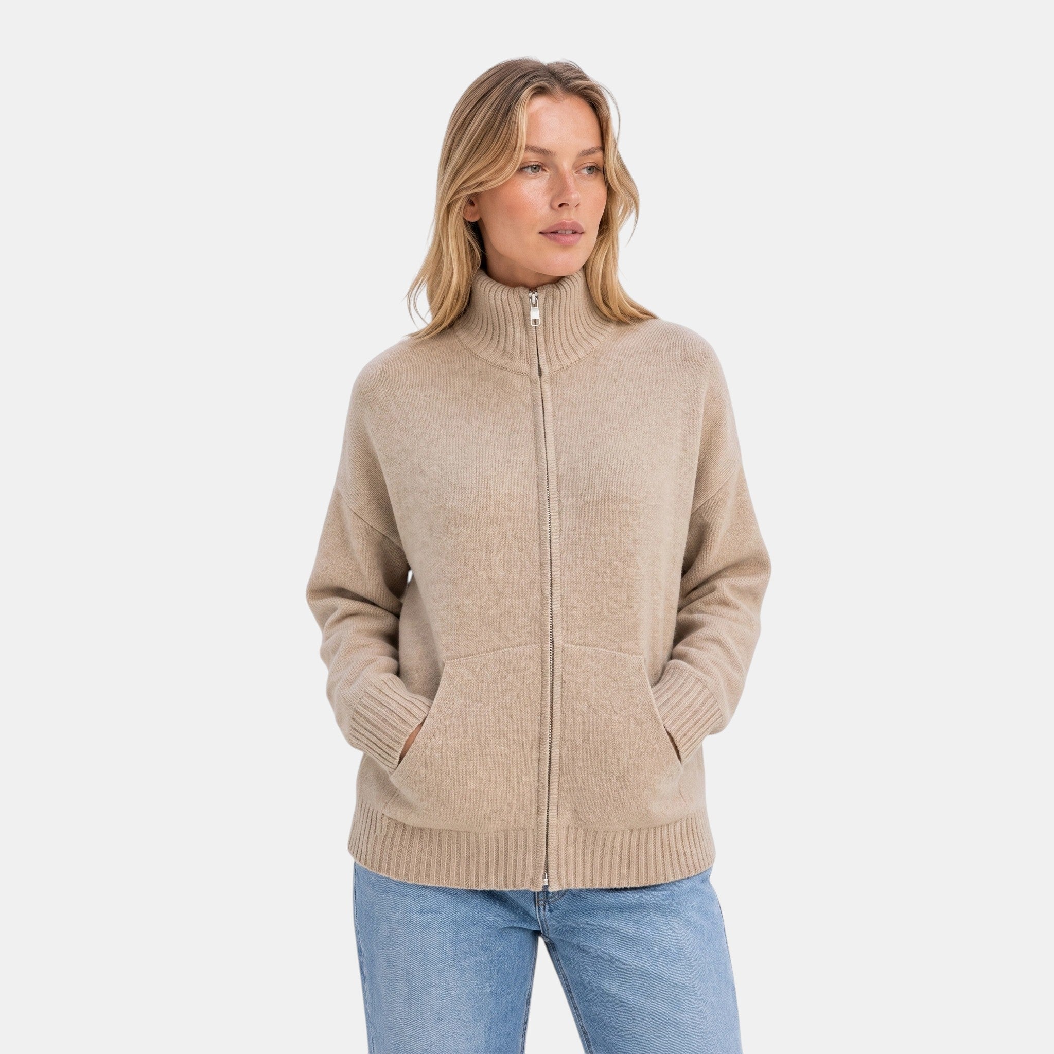 Women's Cardigan with Funnel Neck and Zip Front