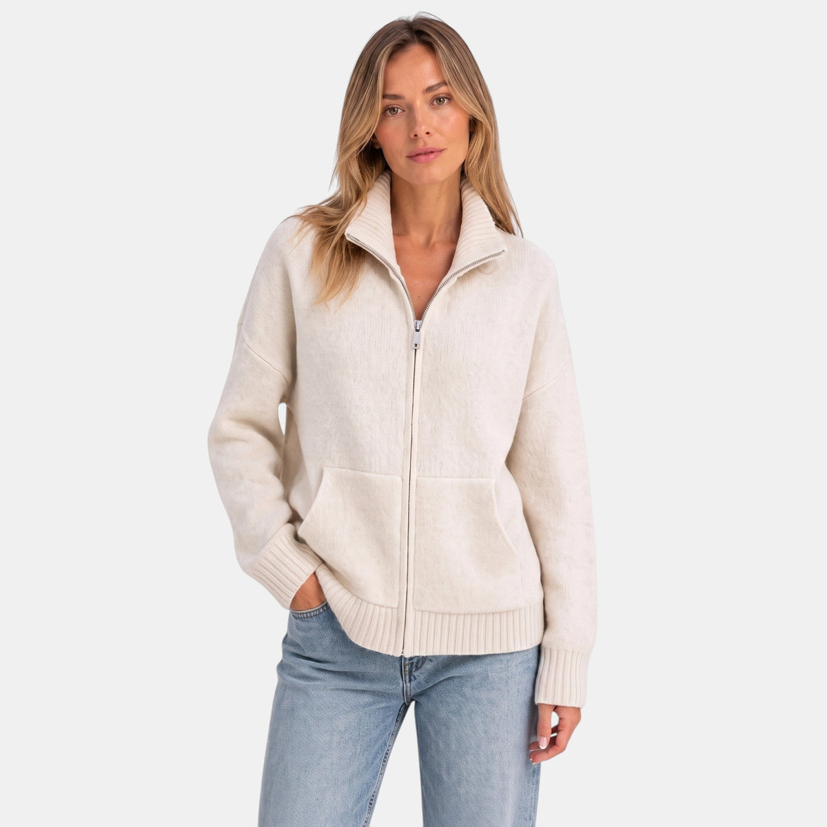 Women's Cardigan with Funnel Neck and Zip Front