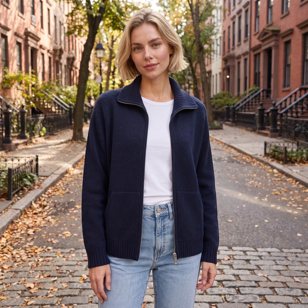 Women's Cardigan with Funnel Neck and Zip Front