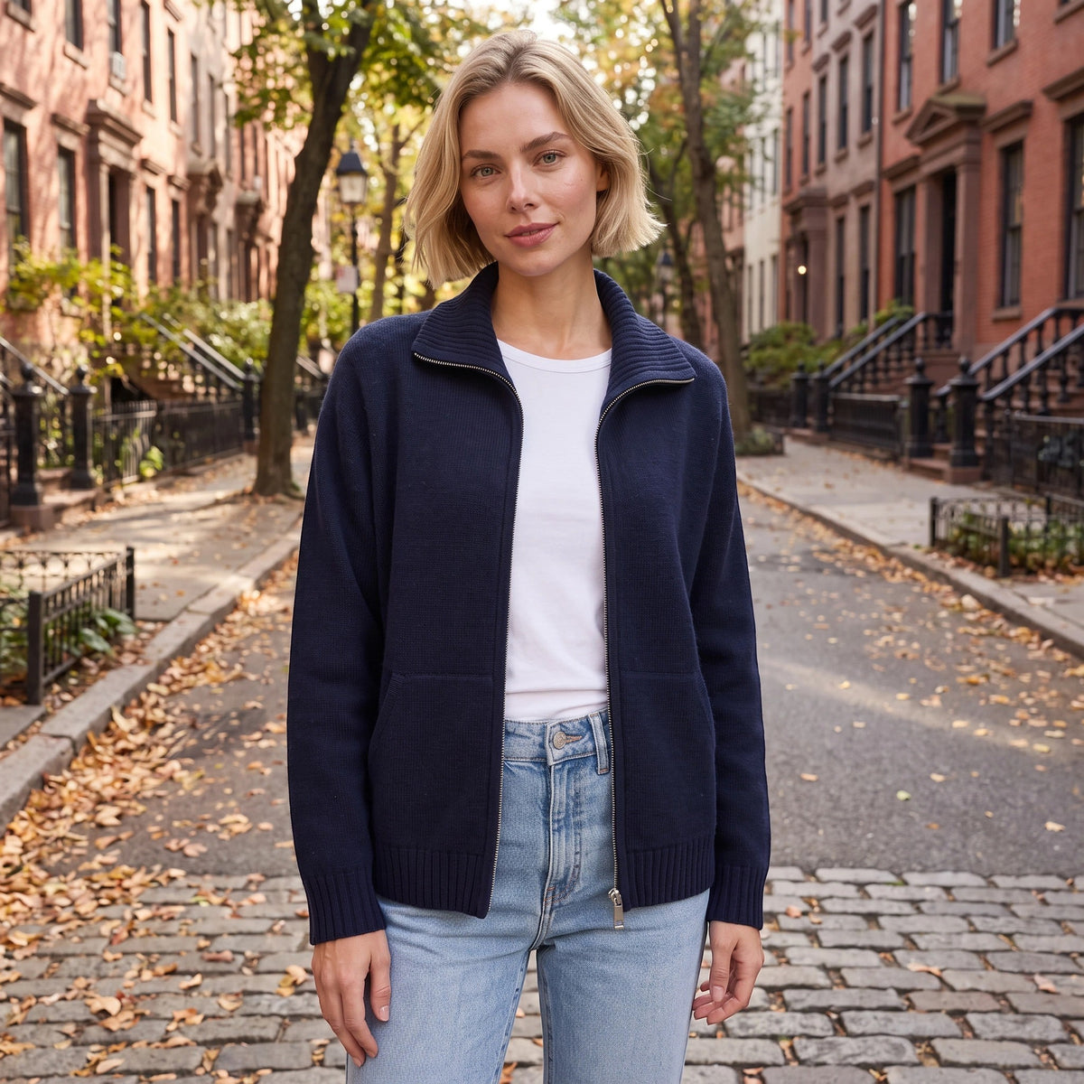 Women's Cardigan with Funnel Neck and Zip Front