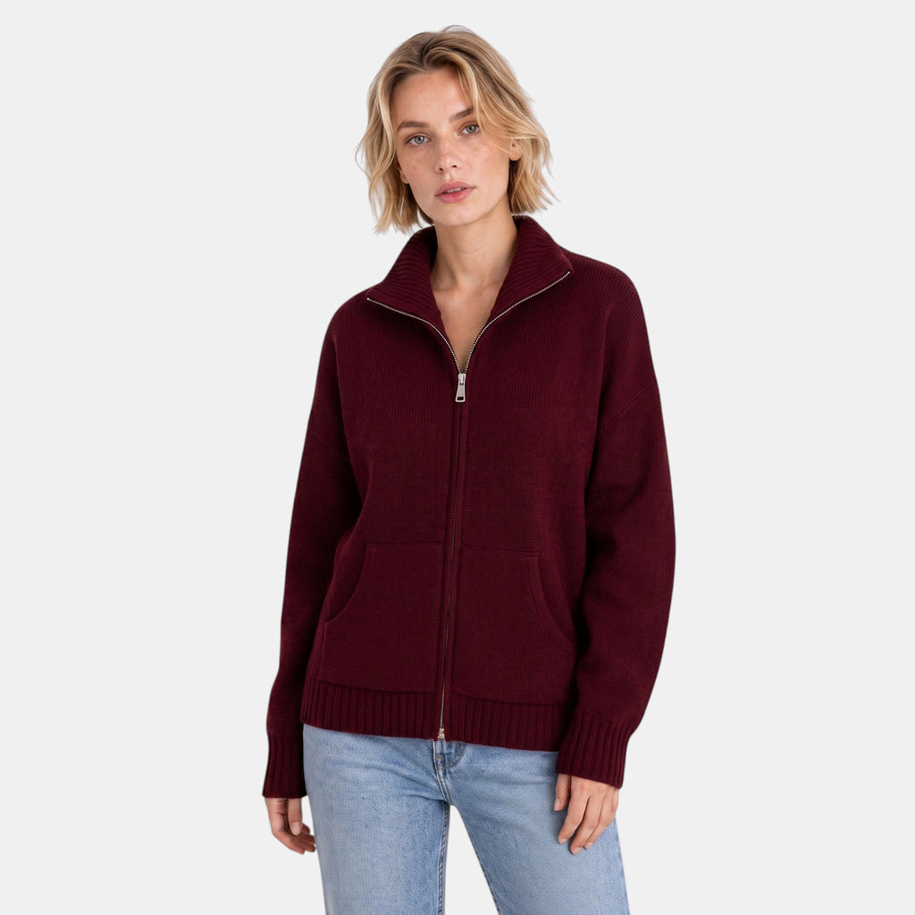 Women's Cardigan with Funnel Neck and Zip Front
