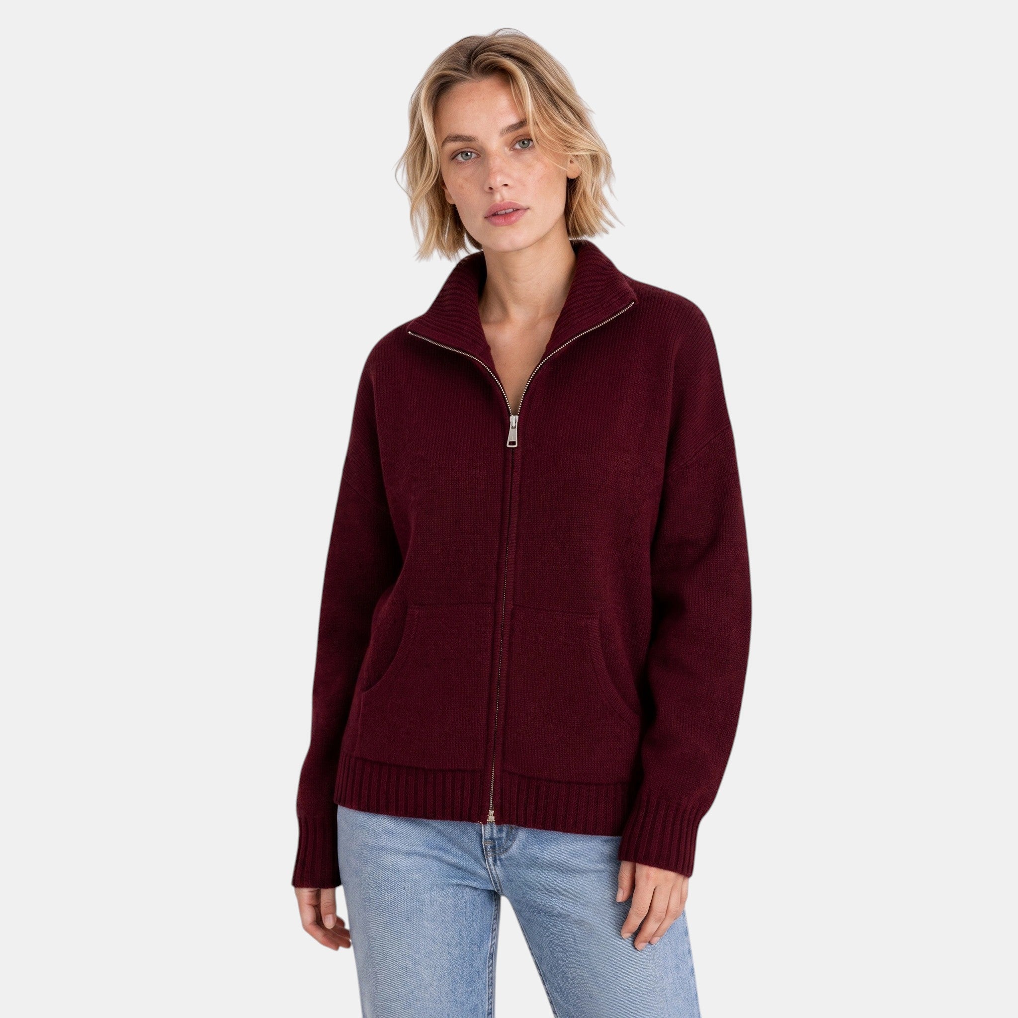 Women's Cardigan with Funnel Neck and Zip Front