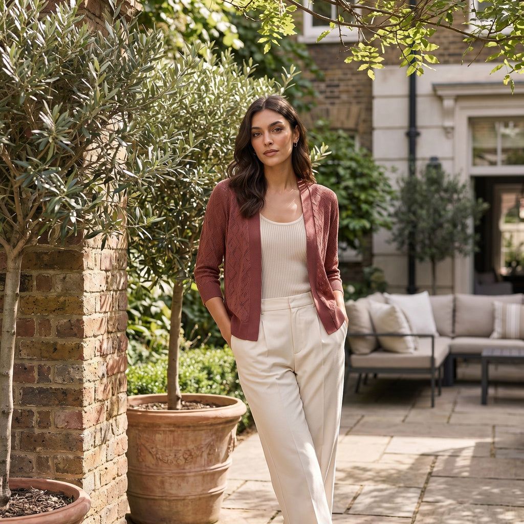 Women's Cardigan with Open Front and Lace Pattern Sleeves