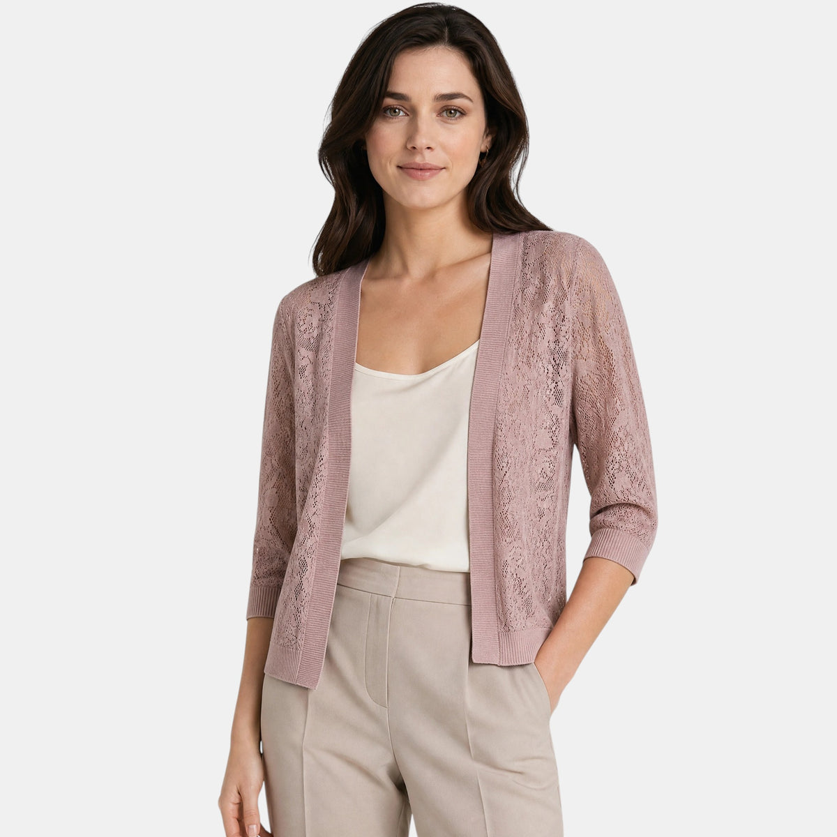 Women's Cardigan with Open Front and Lace Pattern Sleeves