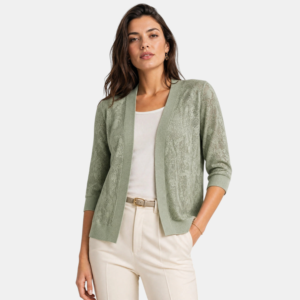 Women's Cardigan with Open Front and Lace Pattern Sleeves