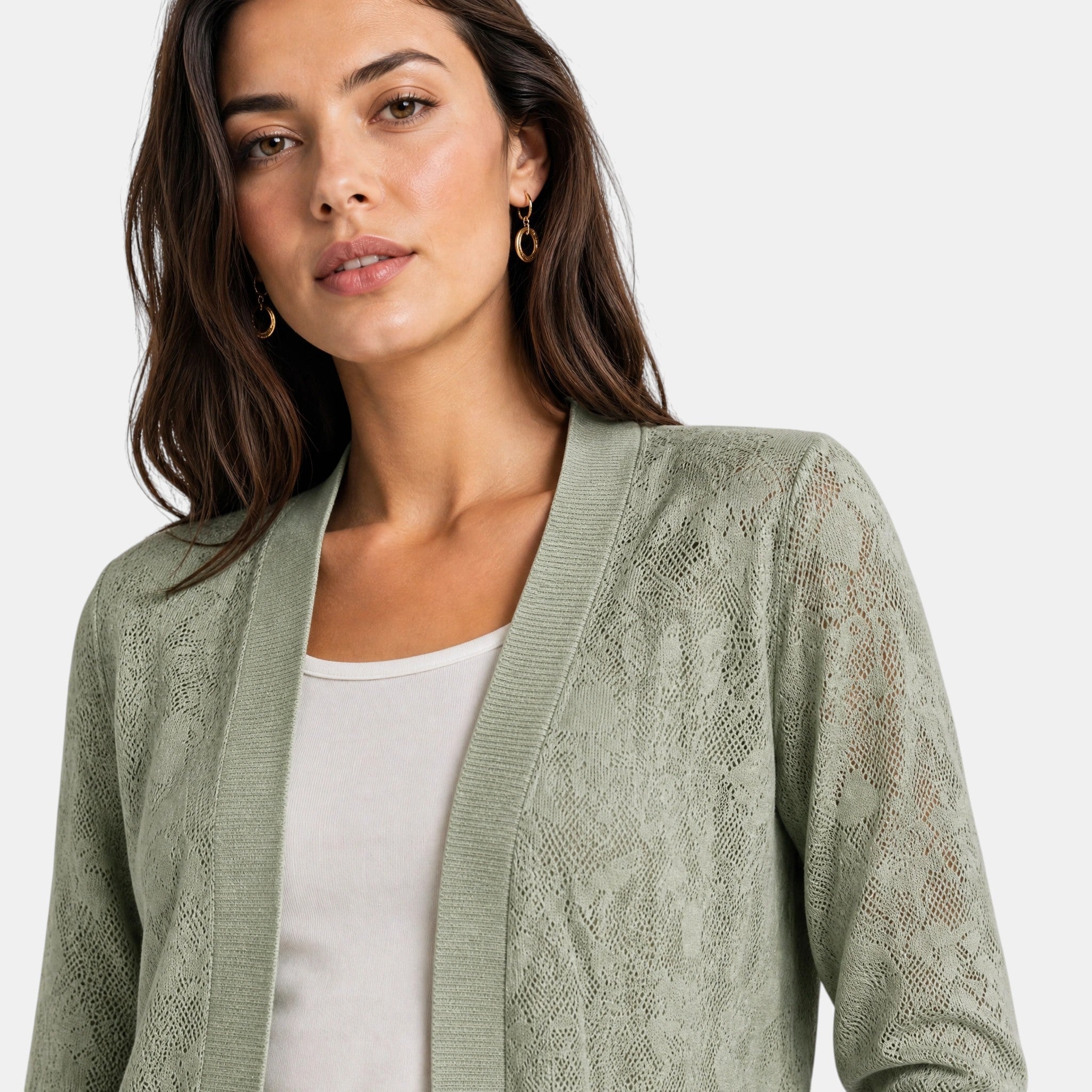 Women's Cardigan with Open Front and Lace Pattern Sleeves