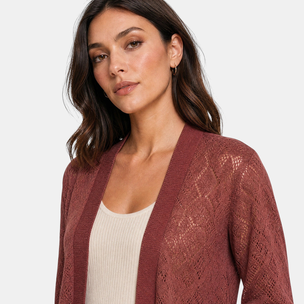 Women's Cardigan with Open Front and Lace Pattern Sleeves