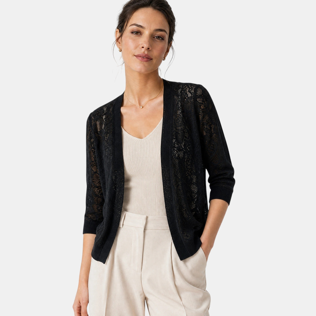 Women's Cardigan with Open Front and Lace Pattern Sleeves
