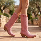 Women's Cowboy Boots with Embroidered Stitching and Block Heel