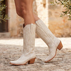 Women's Cowboy Boots with Embroidered Stitching and Block Heel