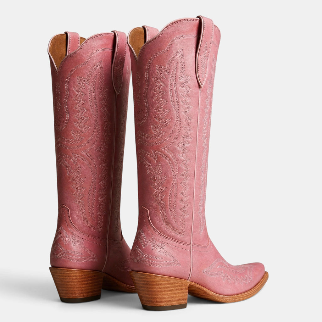 Women's Cowboy Boots with Embroidered Stitching and Block Heel