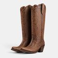 Women's Cowboy Boots with Embroidered Stitching and Block Heel