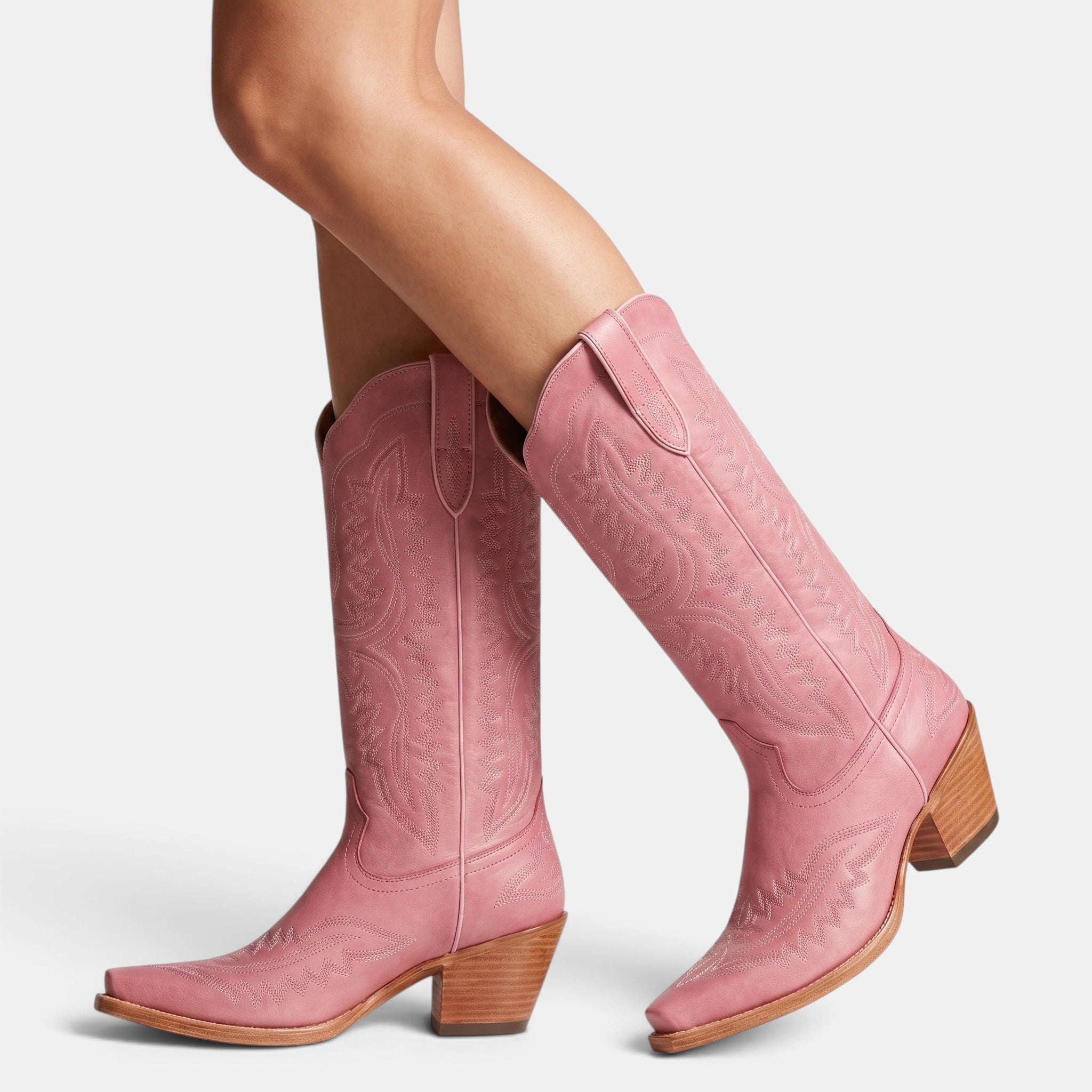 Women's Cowboy Boots with Embroidered Stitching and Block Heel
