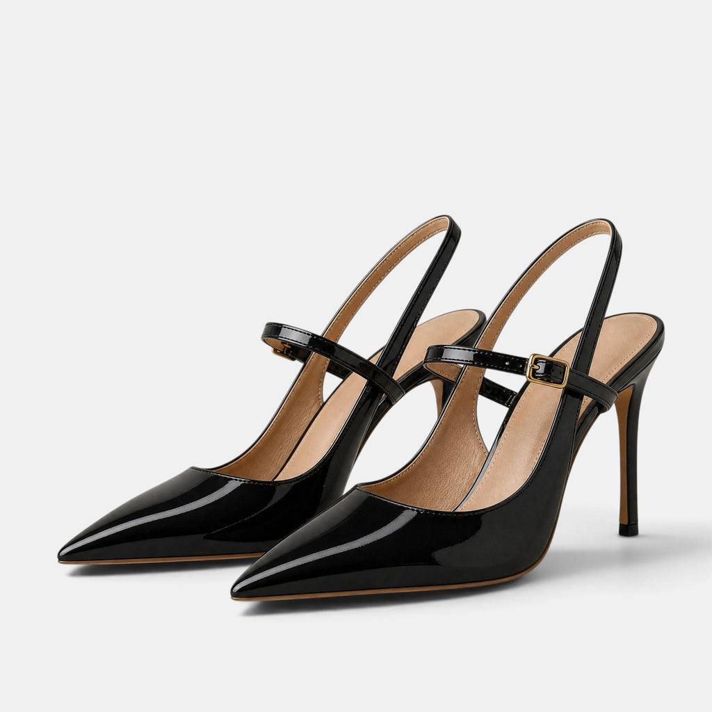 Women's Heels with Pointed Toe Buckle Strap and Slingback Design