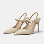Women's Heels with Pointed Toe Buckle Strap and Slingback Design