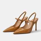 Women's Heels with Pointed Toe Buckle Strap and Slingback Design