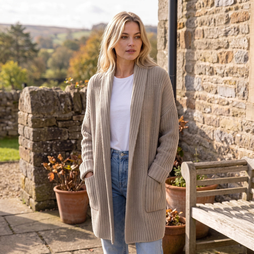 Women's Longline Cardigan with Open Front and Patch Pockets