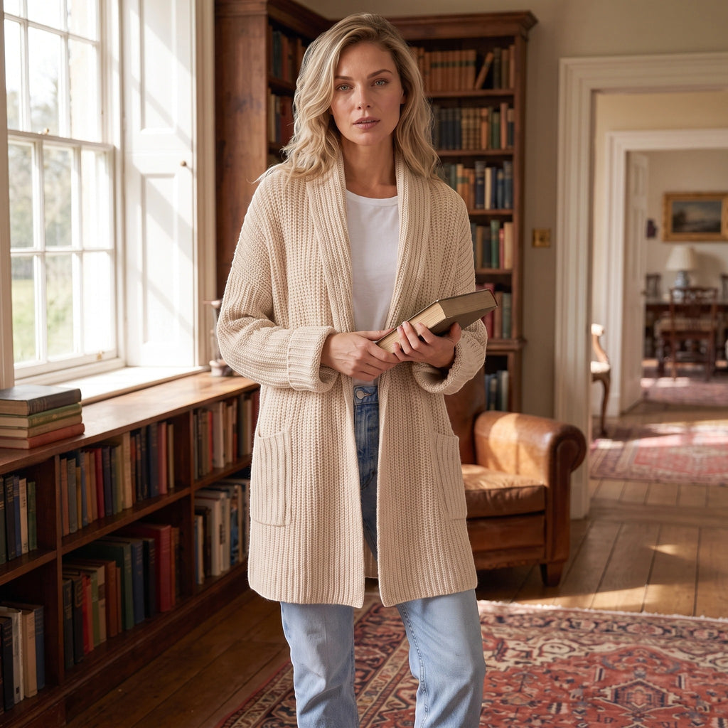 Women's Longline Cardigan with Open Front and Patch Pockets