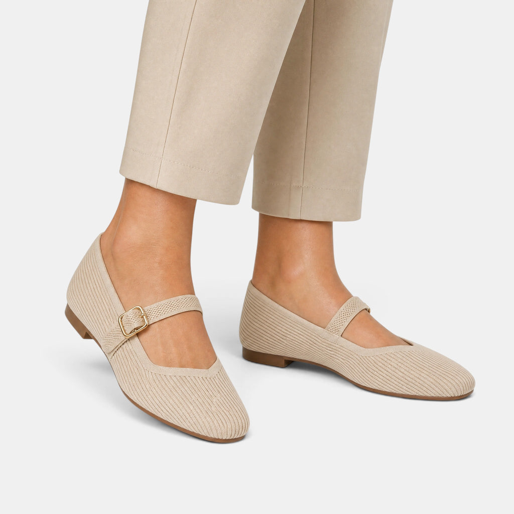 Women's Mary Jane Flats with Square Toe and Buckle Strap
