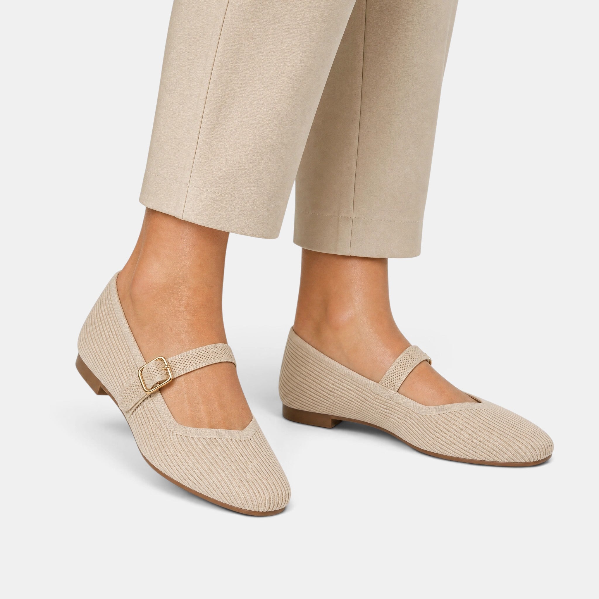 Women's Mary Jane Flats with Square Toe and Buckle Strap