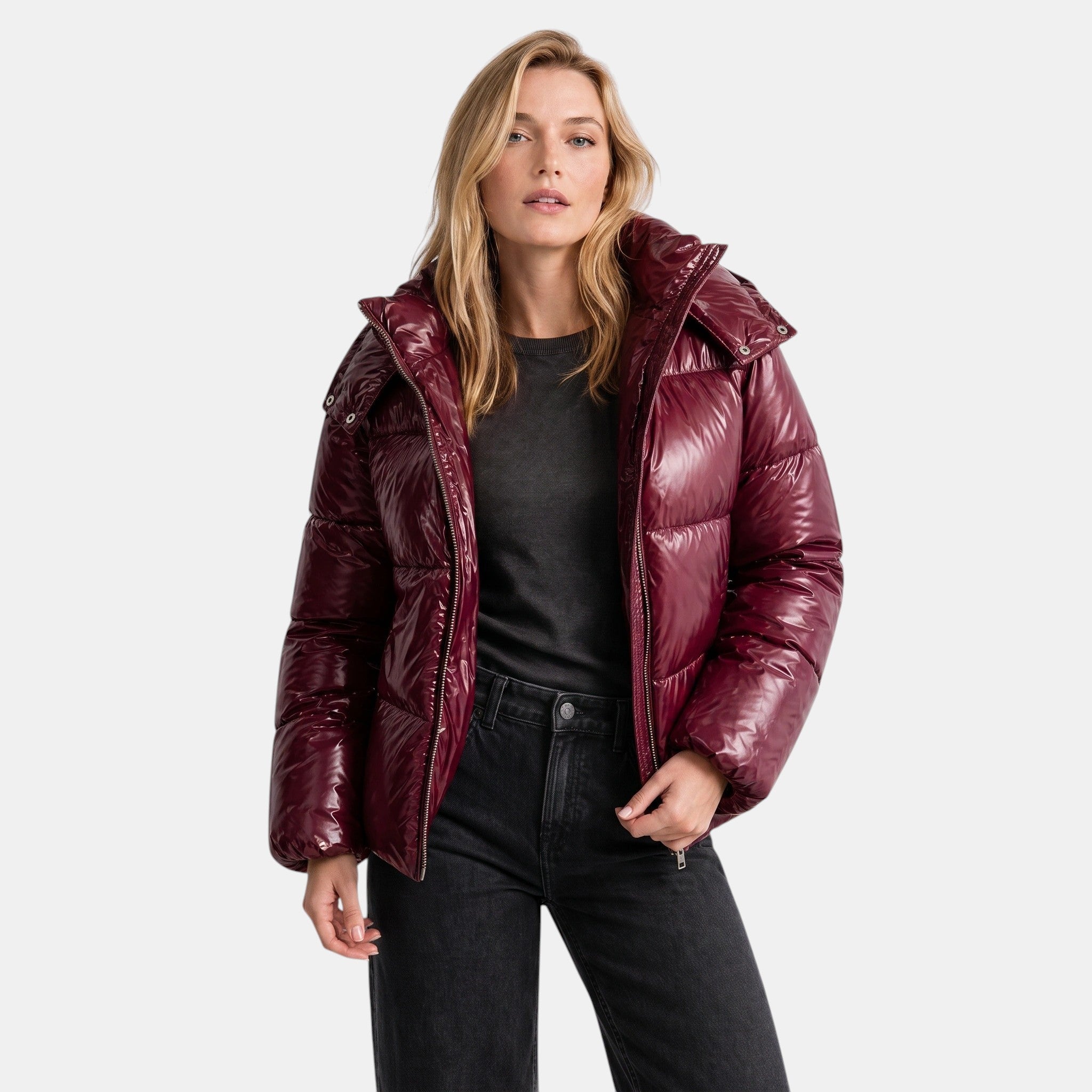Women's Puffer Jacket with Hooded Design and Zip Front