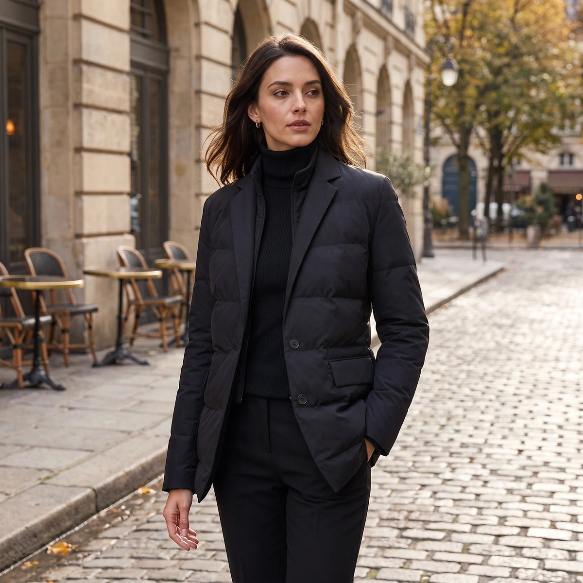 Women's Puffer Jacket with Notch Lapel and Button Front