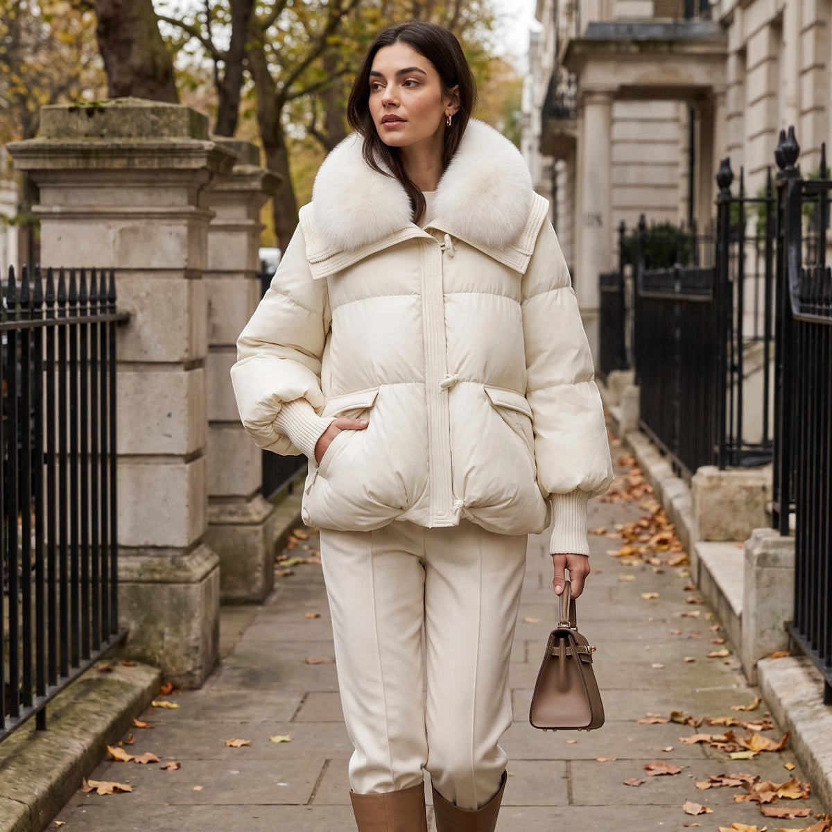 Women's Puffer Jacket with Oversized Collar and Toggle Closure