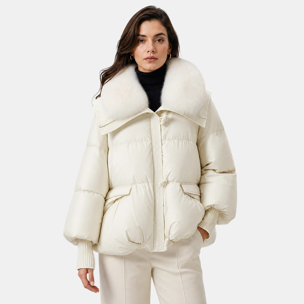 Women's Puffer Jacket with Oversized Collar and Toggle Closure