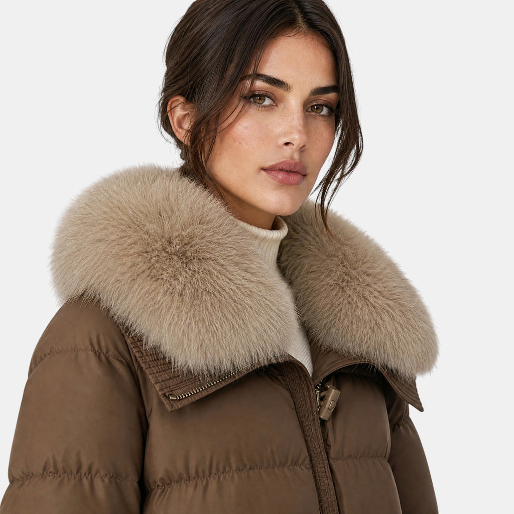 Women's Puffer Jacket with Oversized Collar and Toggle Closure