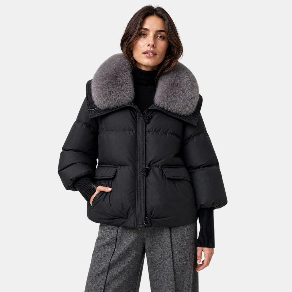Women's Puffer Jacket with Oversized Collar and Toggle Closure