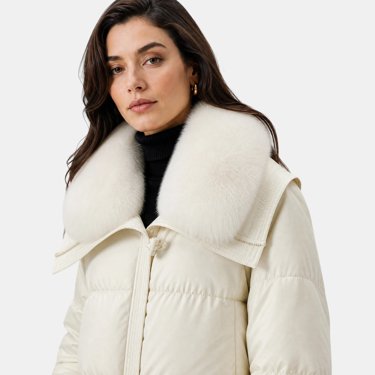 Women's Puffer Jacket with Oversized Collar and Toggle Closure