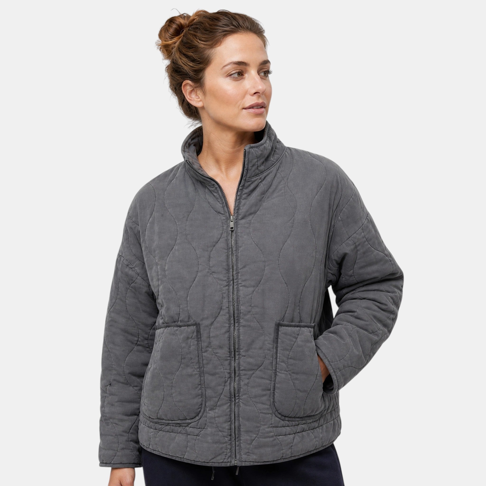Women's Bomber Jacket with Zip Front and Patch Pockets