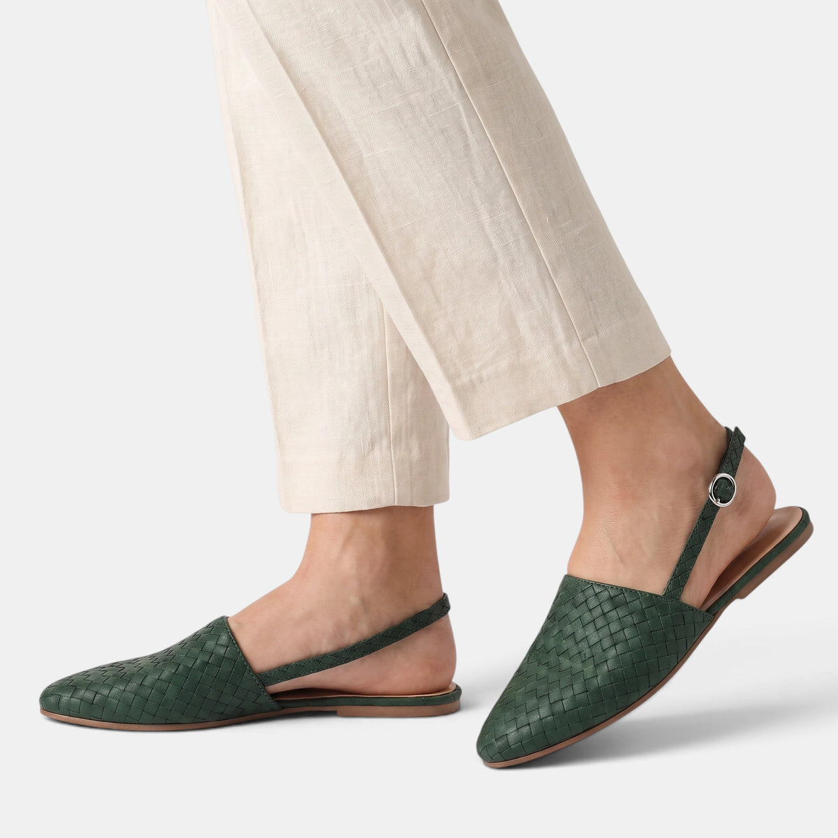 Women's Slingback Flats with Woven Upper and Buckle Strap