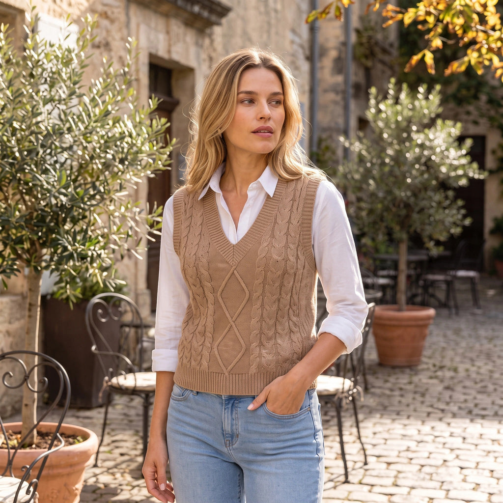 Women's Sweater Vest with V Neck and Cable Knit Design