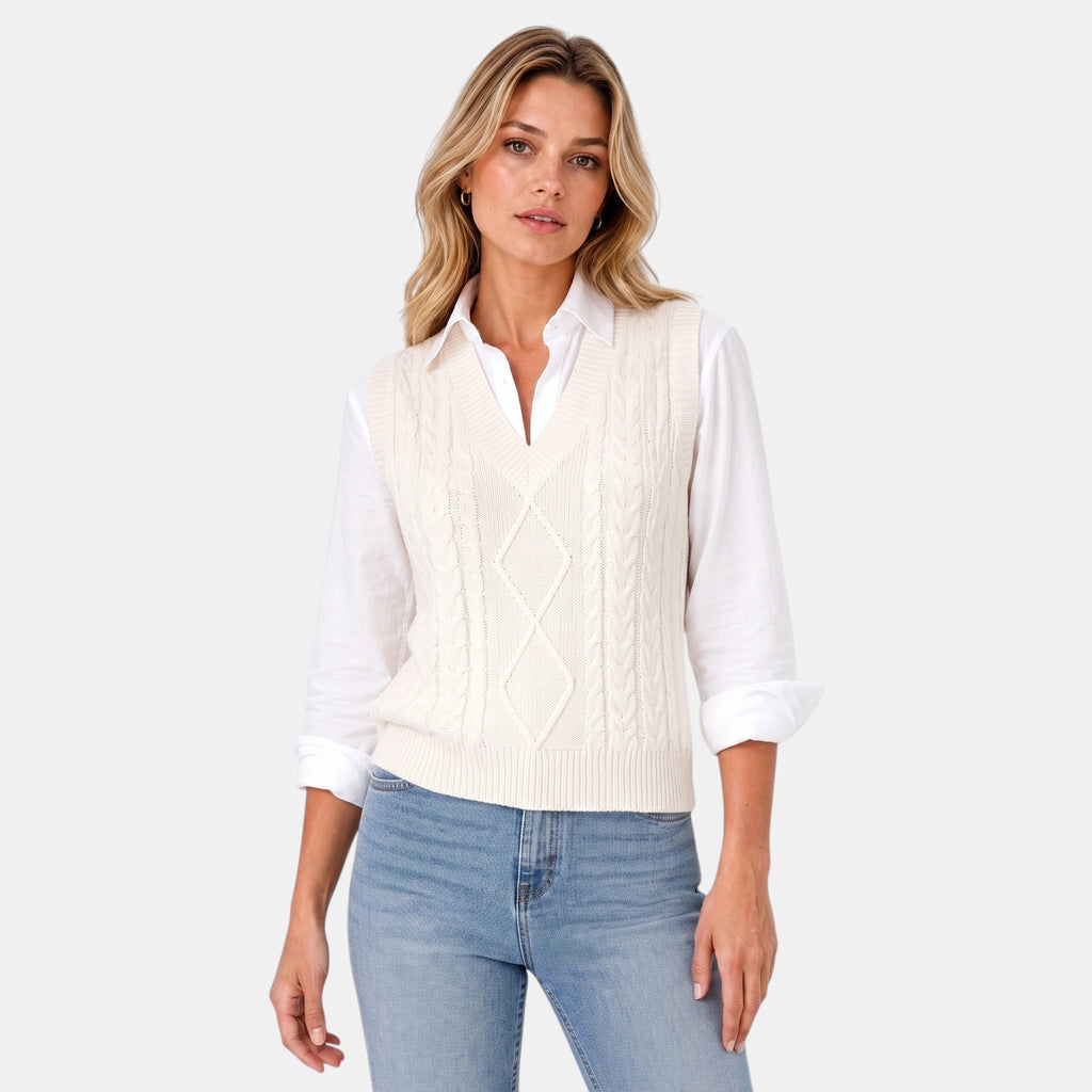 Women's Sweater Vest with V Neck and Cable Knit Design