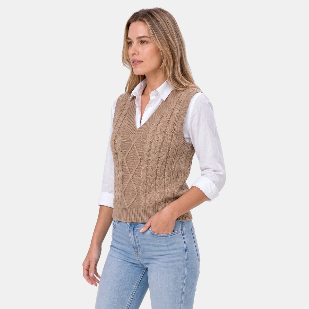 Women's Sweater Vest with V Neck and Cable Knit Design